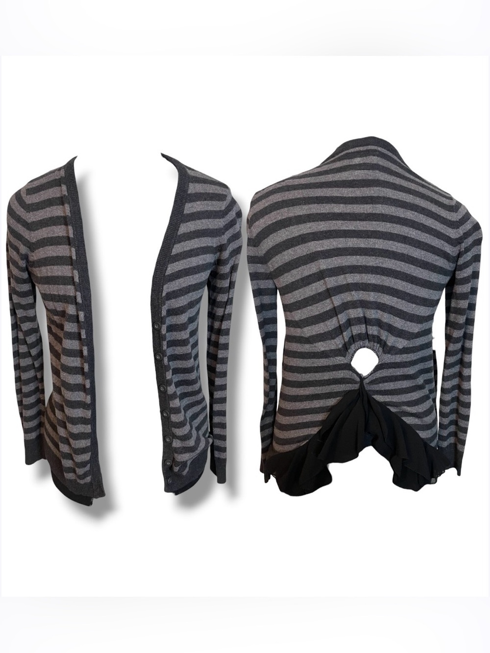 Tabitha Gray & Charcoal Striped Cardigan with Open-Back Ring and Ruffle Hem